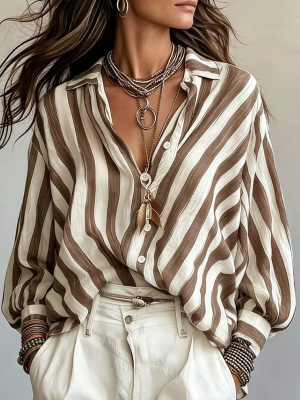 Brown Casual Women's Striped Oversized Long Shirt